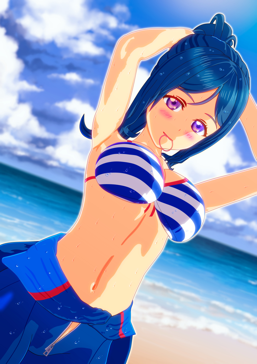 1girl absurdres adjusting_hair artist_name artist_request bare_shoulders beach bikini bikini_top_only bikini_under_clothes blue_bikini blue_bodysuit blue_hair blue_sky blush bodysuit breasts cleavage cloud collarbone day diving diving_suit female_focus fixing_hair freediving front-tie_bikini_top front-tie_top hair_between_eyes high_ponytail highres long_hair looking_at_viewer love_live! love_live!_school_idol_festival love_live!_sunshine!! matsuura_kanan medium_breasts mouth_hold ocean outdoors parted_lips ponytail purple_eyes sky smile solo string_bikini striped_bikini striped_bikini_top striped_clothes swimsuit wet wet_hair wetsuit white_bikini