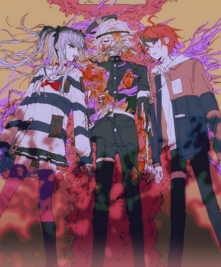 1girl 2boys ahoge amemiya_darumi aotsuki_eito black_boots black_bow black_hair black_skirt black_stripes boots bow closed_eyes collar corpse glasses hair_between_eyes heart highres last_defense_academy_school_uniform long_hair long_sleeves lying messy_hair multicolored_hair multiple_boys on_back open_mouth pink_eyes pink_thighhighs pleated_skirt red_hair safety_pin simple_background skirt striped_clothes striped_skirt sumino_takumi sweat sweatdrop the_hundred_line_-last_defense_academy- thighhighs twintails white_hair white_stripes yellow_background