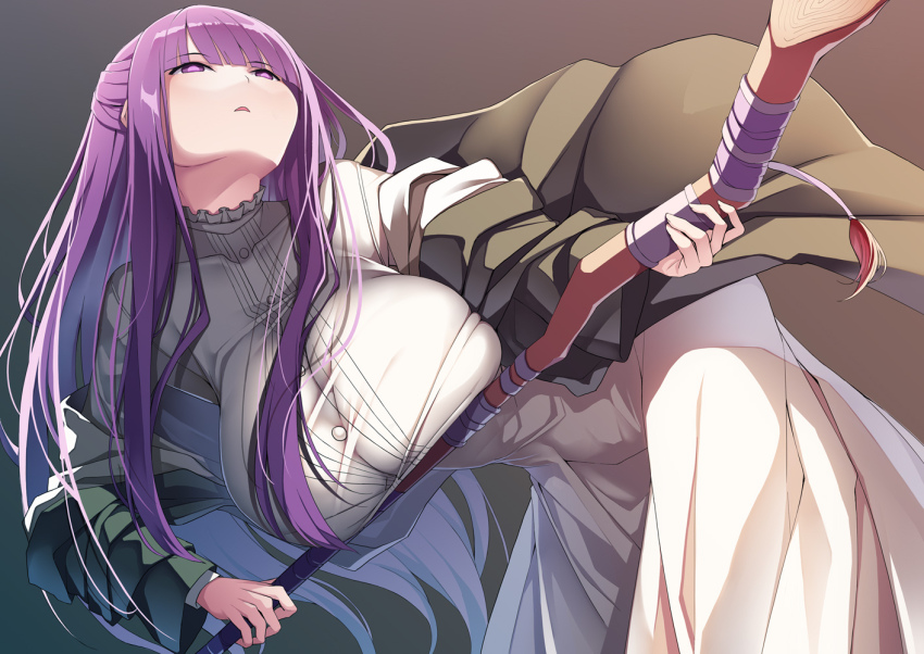 1girl black_robe blunt_bangs breasts creek_(moon-sky) dress fern_(sousou_no_frieren) frilled_dress frills holding holding_staff large_breasts long_dress long_hair mage_staff parted_lips purple_eyes purple_hair robe solo sousou_no_frieren staff straight_hair white_dress