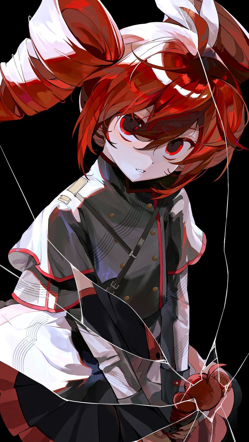 1girl ahoge belt birthday black_background black_belt black_shirt black_skirt black_sleeve_cuffs black_sleeves bow broken_glass buttons character_doll detached_sleeves doll double-breasted drill_hair feiwusheng glass grey_jacket grey_skirt hair_between_eyes hair_bow hair_ribbon highres holding holding_doll jacket kasane_teto kasane_teto_(sv) long_sleeves looking_at_viewer musical_staff parted_bangs parted_lips red_eyes red_hair red_trim ribbon shirt shoulder_belt shoulder_boards skirt skirt_set solo striped_clothes striped_jacket striped_skirt synthesizer_v twin_drills utau white_bow white_ribbon