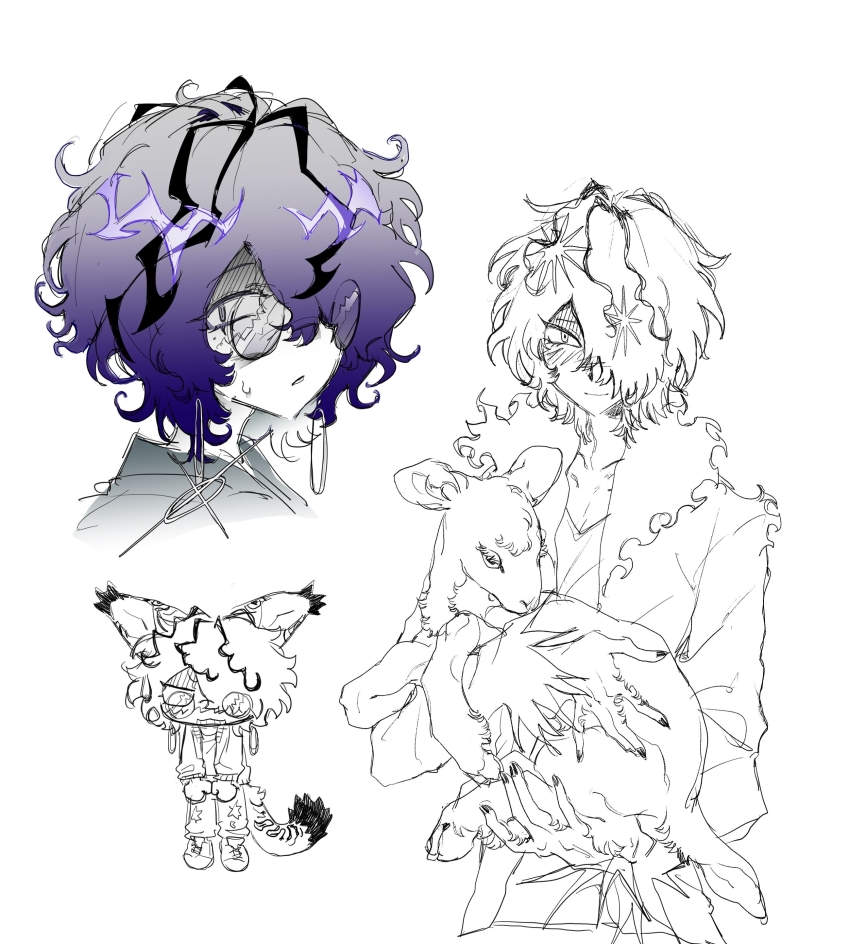 1boy absurdres animal animal_ears bespectacled black_hair chinese_commentary closed_mouth commentary_request earrings fur-trimmed_jacket fur_trim garry_(ib) glasses glint grey_shirt hair_over_one_eye highres holding holding_animal hoop_earrings ib_(kouri) jacket jewelry kemonomimi_mode lamb long_sleeves male_focus multicolored_hair multiple_views open_clothes open_jacket pants parted_lips purple_hair sheep shirt short_hair simple_background smile sweat tail two-tone_hair white_background xiboliya_suanxing_shengwu
