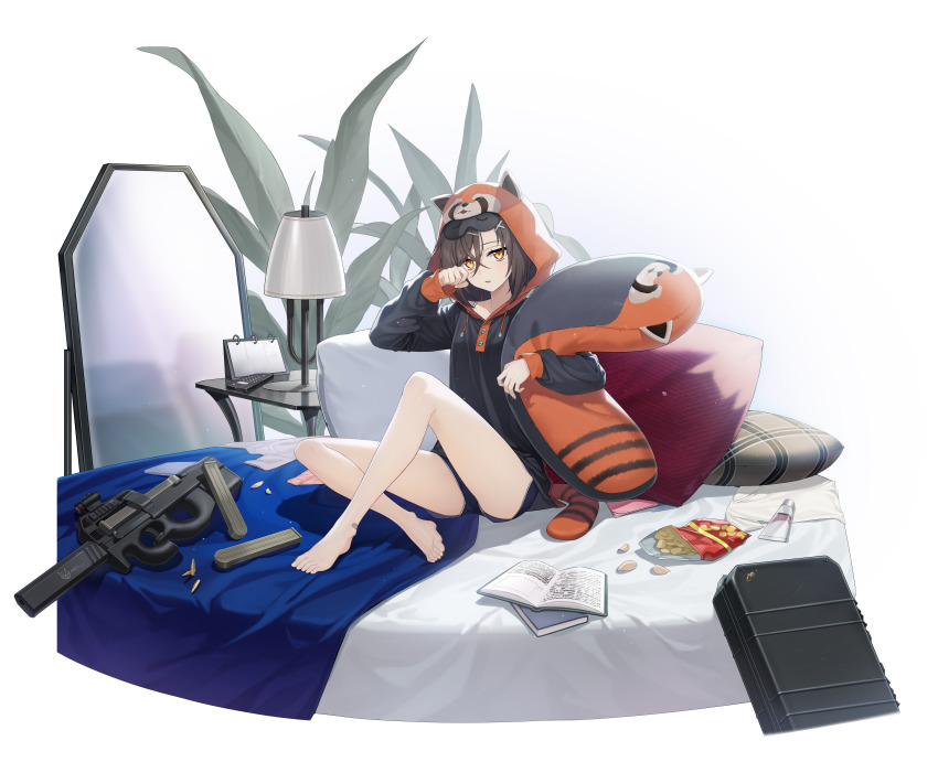 1girl absurdres alternate_costume bandaid bandaid_on_foot barefoot book brown_hair bullet chips_(food) christina_brecht counter:side food gun hair_ornament hairclip highres hood hoodie mirror official_alternate_costume official_art pillow plant potato_chips raccoon_hood sleep_mask transparent_background weapon x_hair_ornament yellow_eyes