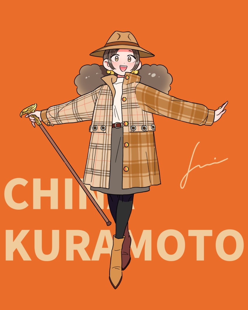 airplane_arms alternate_hairstyle belt black_pantyhose boots brown_eyes brown_hair brown_hat cane character_name coat fluffy_hair full_body gakuen_idolmaster hat high_heel_boots high_heels highres holding holding_cane idolmaster jennie_congee kuramoto_china long_hair low_twintails open_clothes open_coat orange_background outstretched_arms pantyhose parted_bangs plaid_clothes plaid_coat shirt simple_background skirt spread_arms turtleneck turtleneck_shirt twintails white_shirt