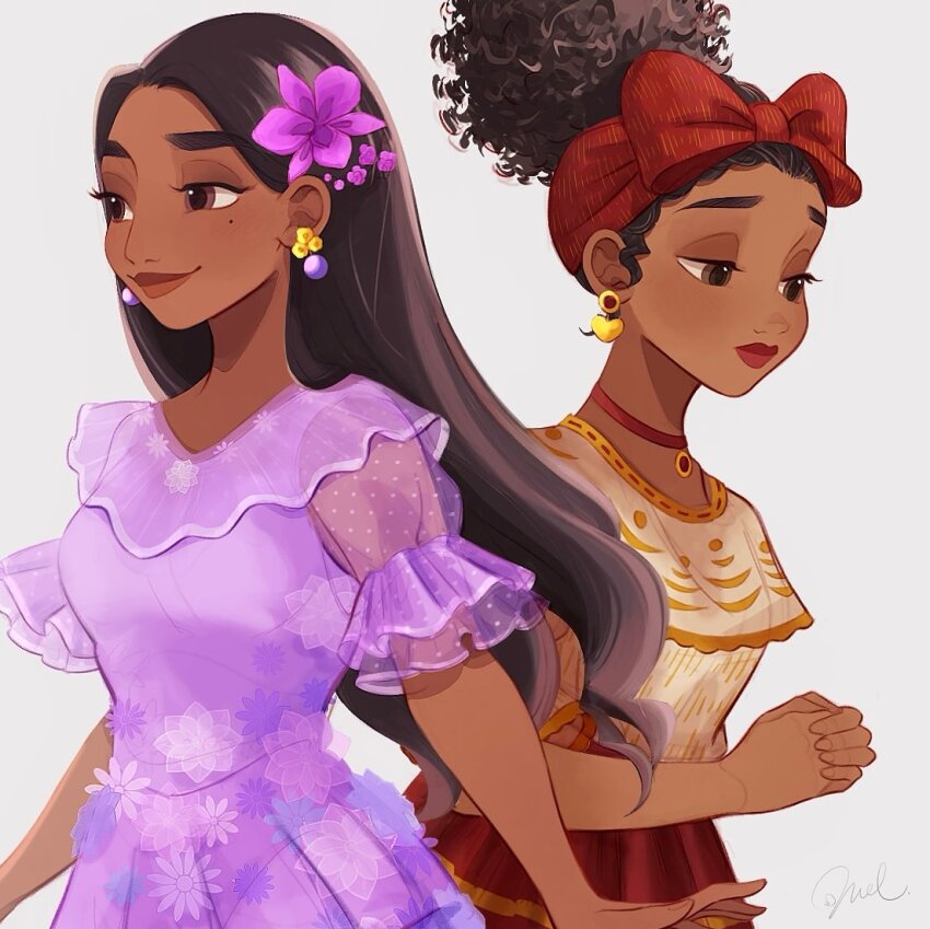 2girls brown_eyes brown_hair choker commentary_request cousins dark-skinned_female dark_skin dolores_madrigal dress earrings encanto flower grey_background hair_flower hair_ornament hair_ribbon isabela_madrigal jewelry long_hair looking_to_the_side melchencanto multiple_girls own_hands_clasped own_hands_together purple_dress purple_flower red_choker red_ribbon ribbon short_sleeves simple_background smile updo
