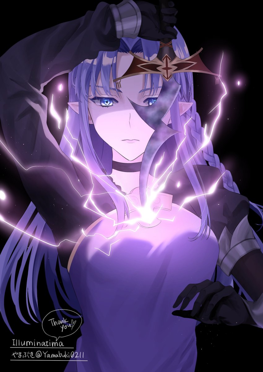 1girl absurdres artist_name black_background black_gloves braid breasts choker commentary cowboy_shot energy english_commentary english_text expressionless fate/stay_night fate_(series) genshin_impact gloves highres human_scabbard illuminatima long_hair looking_at_viewer medea_(caster)_(fate) medea_(fate) medium_breasts pointy_ears purple_eyes purple_hair raiden_shogun rulebreaker shaded_face side_braid solo thank_you twitter_username upper_body