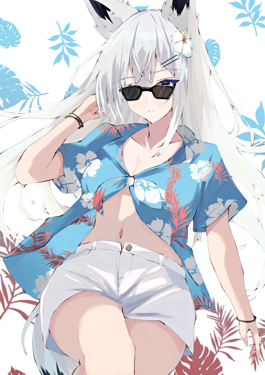 1girl alternate_costume animal_ear_fluff animal_ears azur_lane blue_eyes blue_shirt bracelet collarbone commentary_request floral_print flower fox_ears fox_girl fox_tail hair_between_eyes hair_flower hair_ornament hairpin hand_in_own_hair hand_up hawaiian_shirt highres jewelry kawakaze_(azur_lane) leaf leaf_background long_hair looking_at_viewer midriff multiple_bracelets natsuki_(natsu_1936) navel open_clothes open_fly open_shirt shirt short_sleeves shorts sidelocks simple_background solo sunglasses tail thighs white_background white_flower white_hair white_shorts