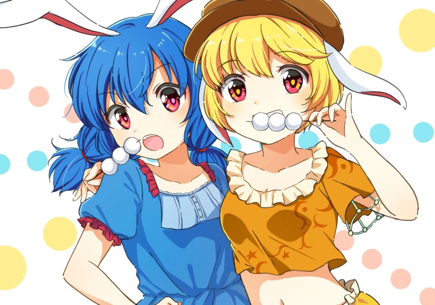 2girls animal_ears blonde_hair blue_dress blue_hair brown_hat newsboy_cap commentary_request crescent_print dango dress feeding floppy_ears food hat highres holding holding_food holding_skewer long_hair midriff multiple_girls navel open_mouth orange_shirt rabbit_ears red_eyes ringo_(touhou) seiran_(touhou) shirt short_hair short_sleeves skewer smile star_(symbol) star_print touhou twintails utako_(kuromosuki) wagashi