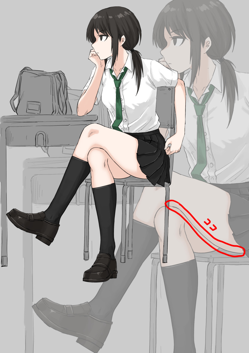 1girl absurdres bag black_eyes black_hair black_skirt black_socks chair crossed_legs desk expressionless fuku_(fuku12290574) full_body green_necktie highres low_ponytail miniskirt necktie original ponytail puffy_short_sleeves puffy_sleeves school_bag school_uniform shirt short_sleeves sitting skirt socks solo white_shirt