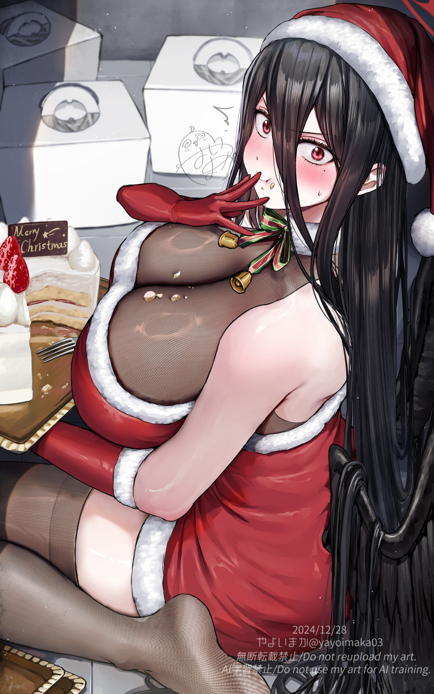 1girl :t absurdres alternate_costume bare_shoulders black_hair black_wings blue_archive blush box breasts cake chewing choker christmas cleavage closed_mouth crumbs dated dress eating feathered_wings finger_to_mouth food food_on_face fork from_above fruit fur-trimmed_choker fur-trimmed_dress fur-trimmed_gloves fur-trimmed_headwear fur_trim furrowed_brow gloves hasumi_(blue_archive) hat highres holding holding_tray huge_breasts oversized_wings long_hair low_wings merry_christmas mole mole_under_eye multicolored_ribbon red_dress red_eyes red_gloves red_hat ribbon santa_costume santa_dress santa_hat see-through_clothes sitting solo strawberry surprised tile_floor tiles tray twitter_username very_long_hair walk-in wariza wide-eyed wings yayoi_maka