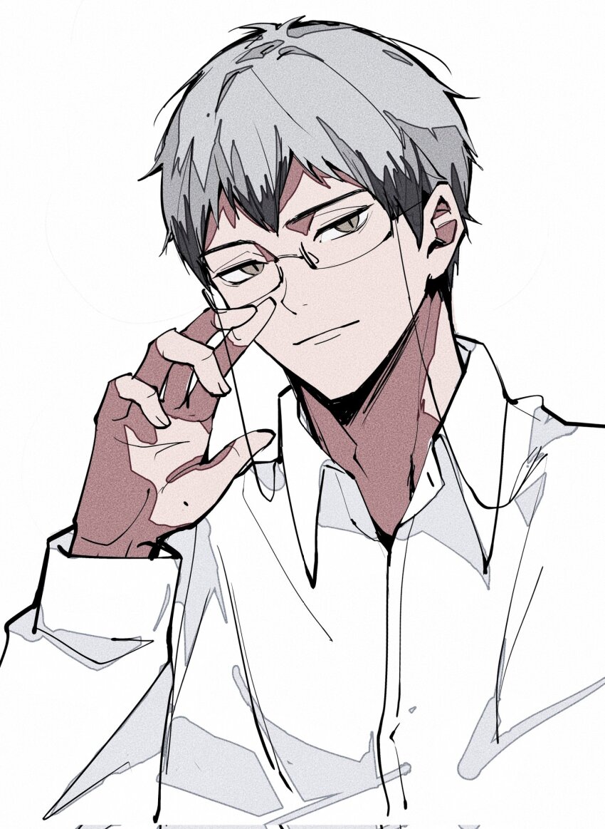 1boy arm_up bespectacled black_hair brown_eyes c138300 closed_mouth collared_shirt double-parted_bangs eyewear_strap glasses grey_hair haikyuu!! hair_between_eyes highres kita_shinsuke light_smile looking_to_the_side male_focus open_collar rimless_eyewear shirt sideways_glance simple_background solo upper_body white_background wing_collar