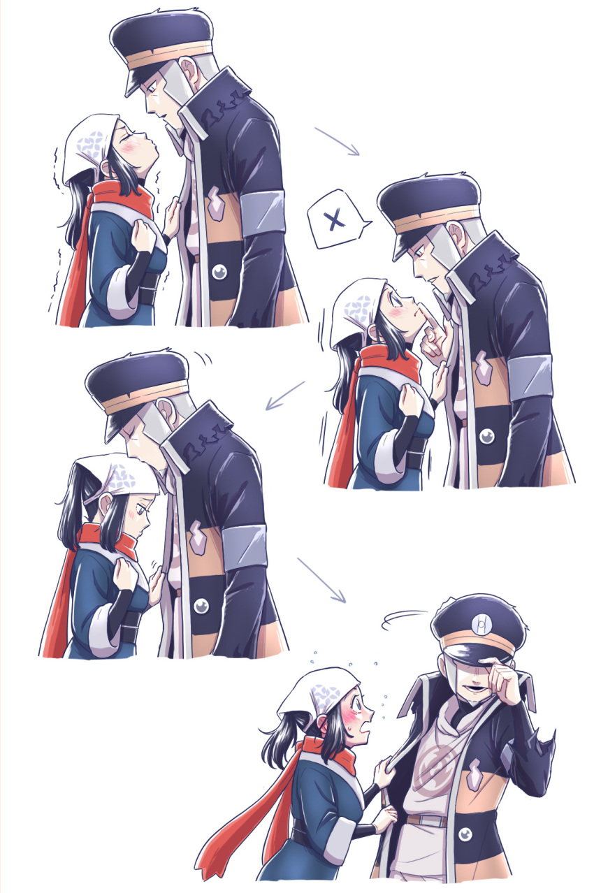 1boy 1girl adjusting_clothes adjusting_headwear akari_(pokemon) arrow_(symbol) black_coat black_eyes black_hair blush clothes_grab coat commentary_request finger_to_another&#039;s_mouth frown galaxy_expedition_team_survey_corps_uniform grey_eyes grey_hair hat headscarf height_difference highres ingo_(pokemon) kissing_head long_sideburns nintendo peaked_cap pearl_clan_outfit pokemon pokemon_legends:_arceus puckered_lips red_scarf scarf sideburns suma3695 white_headscarf