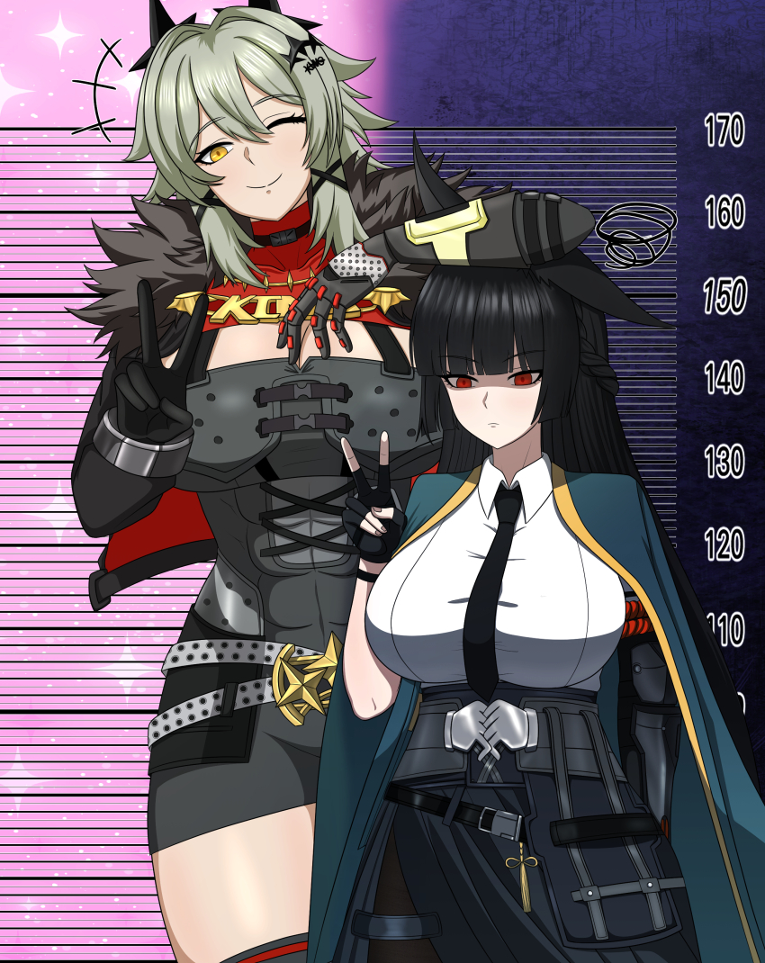 2girls absurdres alternate_breast_size animal_ears breasts caesar_king_(zenless_zone_zero) commentary droopy_ears fox_ears frown gradient_background height_chart height_difference highres hoshimi_miyabi huge_breasts kdh54321qaz korean_commentary multiple_girls one_eye_closed shaded_face smile sparkle_background two-tone_background v zenless_zone_zero