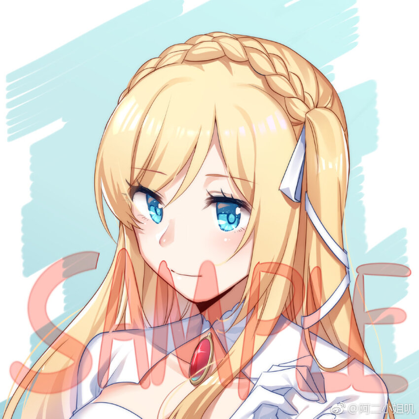 1girl aer_(tengqiu) alternate_costume blonde_hair blue_eyes braid breasts crown_braid dress english_text gloves hair_ribbon long_hair looking_at_viewer one_side_up ribbon richelieu_(warship_girls_r) sample_watermark smile solo swept_bangs warship_girls_r watermark weibo_watermark weibo_watermark white_dress white_gloves