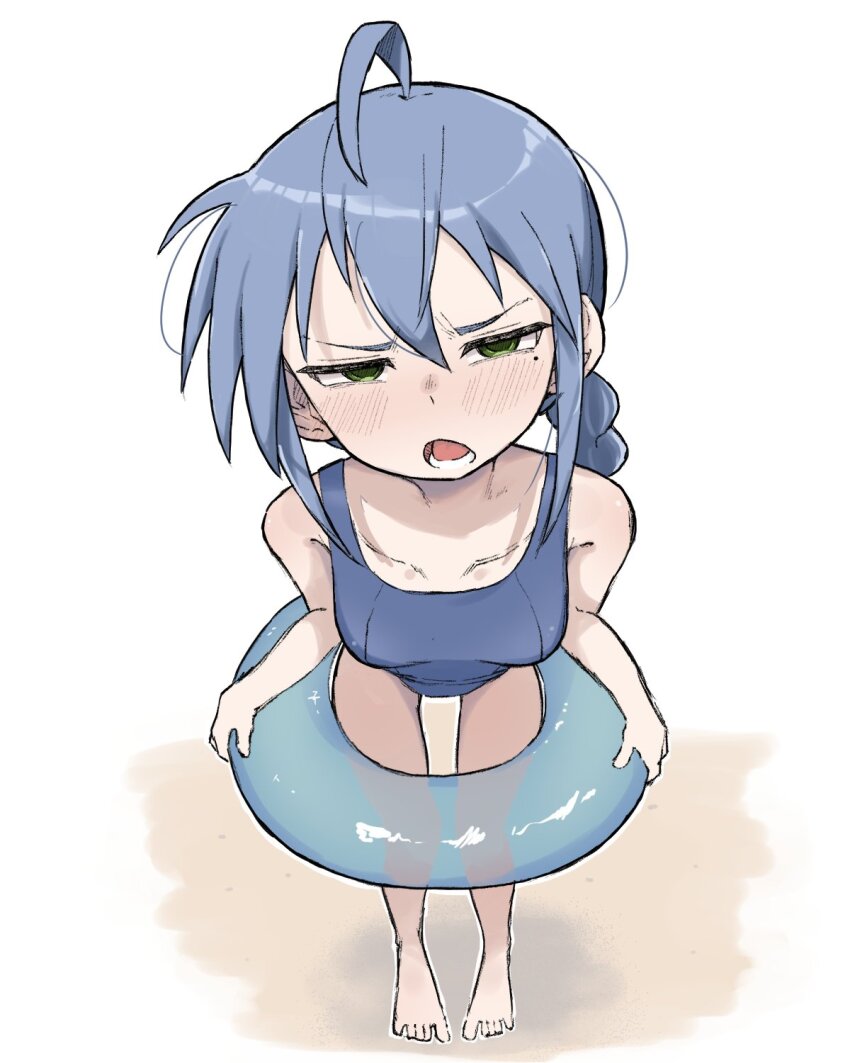 1girl ahoge bare_shoulders blue_hair blue_innertube blue_one-piece_swimsuit blush braid breasts collarbone full_body green_eyes hair_between_eyes highres holding holding_swim_ring innertube izumi_konata long_hair looking_at_viewer lower_teeth_only lucky_star mole mole_under_eye old_school_swimsuit one-piece_swimsuit open_mouth outline sand school_swimsuit sidelocks single_braid small_breasts solo standing straight_hair swim_ring swimsuit teeth white_background white_outline zlix0n