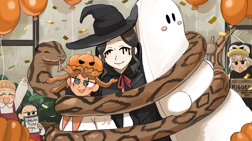 1other 5girls :d @_@ absurdres angry balloon bird black_hair black_hat black_scarf closed_eyes commentary diva_(hyxpk) donut_stamp double_bun duck english_commentary ghost_costume girl_with_boyish_hair_(diva) grey_eyes grey_hair hair_bun halloween halloween_costume hat highres holding holding_sign makeup multiple_girls open_mouth outdoors overalls penguin_hat penguin_keeper_(diva) pumpkin pumpkin_hat red_overalls runny_makeup scarf shirt sign slice_of_life smile snake snake_girl_(diva) snake_keeper_(diva) survey_girl_(diva) white_shirt witch_hat zoo zookeeper zookeepers_(diva)
