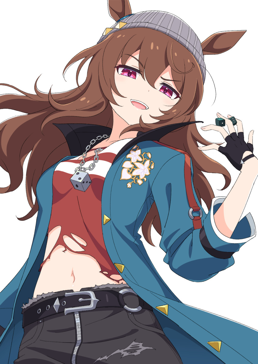 1girl :d animal_ears beanie belt black_belt black_gloves blue_jacket brown_hair commentary dice dice_necklace ears_through_headwear fingerless_gloves gloves hair_between_eyes hat highres holding holding_dice horse_ears horse_girl jacket jewelry kamuraaa_615 long_hair looking_at_viewer midriff nakayama_festa_(umamusume) navel necklace open_clothes open_jacket open_mouth pink_eyes shirt simple_background smile solo standing teeth torn_clothes torn_shirt umamusume upper_teeth_only white_background