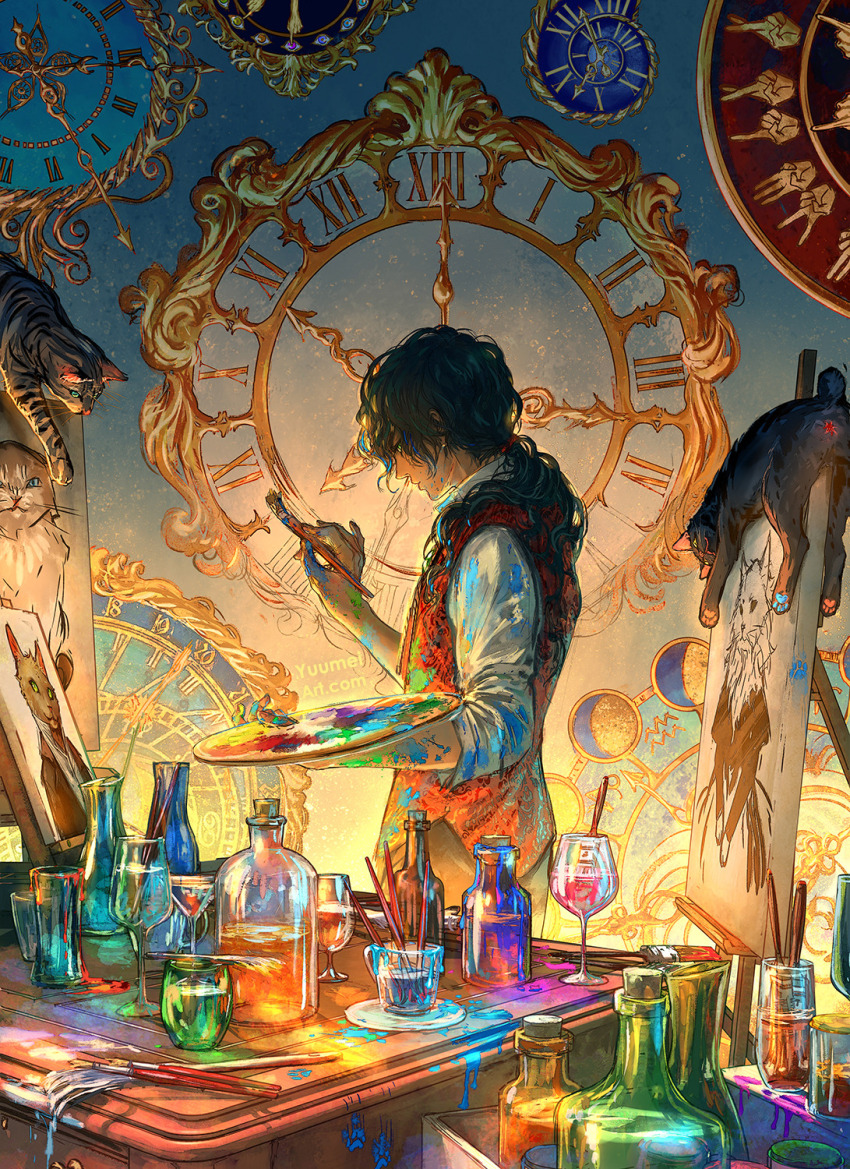 1boy artist_name black_cat black_hair bottle canvas_(object) cat cat_request clock commentary cork cup curly_hair dante_(yuumei) drinking_glass easel english_commentary feet_out_of_frame from_side green_eyes hand_up highres holding holding_paint_palette holding_paintbrush long_hair looking_at_viewer low_ponytail nose original paint_on_body paint_on_clothes paint_palette paintbrush ponytail red_vest shirt solo three-quarter_sleeves vest white_shirt wine_glass yuumei