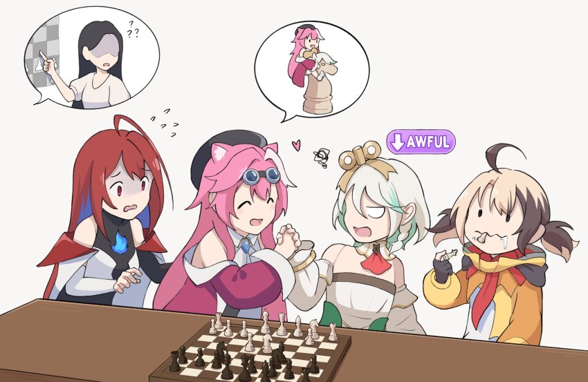 ahoge animal_ears bishop_(chess) blue_fire blue_hair brown_hair cecilia_immergreen cecilia_immergreen_(1st_costume) chess_piece chessboard colored_inner_hair commentary doll_joints dress elizabeth_rose_bloodflame elizabeth_rose_bloodflame_(1st_costume) english_commentary faceless faceless_female fire gameplay_mechanics gigi_murin gigi_murin_(1st_costume) green_hair grey_hair highres hololive hololive_english huge_ahoge jhgardener joints king_(chess) knight_(chess) long_hair mood_(umamusume) multicolored_hair multiple_girls open_mouth panther_ears panther_girl pawn_(chess) pink_hair queen_(chess) raora_panthera raora_panthera_(1st_costume) red_eyes red_hair rook_(chess) short_hair speech_bubble status_effect streaked_hair two-tone_hair umamusume very_long_hair virtual_youtuber winding_key