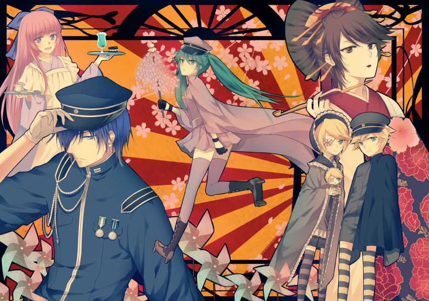 2boys 4girls ayumi_(xiwu) blonde_hair blue_eyes blue_hair boots brown_eyes brown_hair doll eyepatch gloves green_eyes green_hair hat hatsune_miku kagamine_len kagamine_len_(ni_no_sakura_senbu) kagamine_rin kagamine_rin_(ni_no_sakura_kouchou) kaito_(rei_no_sakura_sousetsu)_(vocaloid) kaito_(vocaloid) kiseru long_hair medal megurine_luka megurine_luka_(san_no_sakura_fuuka) meiko_(rei_no_sakura_benitsubaki)_(vocaloid) meiko_(vocaloid) multiple_boys multiple_girls peaked_cap pink_hair pinwheel senbon-zakura_(vocaloid) short_hair skirt smoking_pipe striped_clothes striped_legwear striped_thighhighs thighhighs tray twintails vocaloid