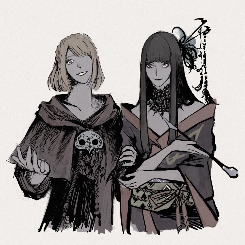 2girls athena_(ff14) black_capelet black_collar black_hair black_kimono black_robe blunt_bangs brown_hair capelet collar cropped_torso drawstring final_fantasy final_fantasy_xiv grey_eyes grin hair_ornament hair_stick highres holding holding_smoking_pipe japanese_clothes kimono kiseru lace_collar limited_palette long_hair mask mask_around_neck multiple_girls obi obijime robe sash short_hair sidelocks simple_background smile smoking_pipe sophist&#039;s_robe_(ff14) straight_hair unworn_mask upper_body white_background yotsuyu_goe_brutus zoe0701