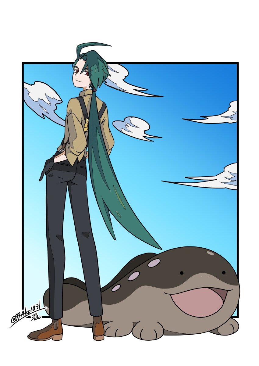1girl 99akt1031 absurdres ahoge black_gloves black_pants bright_pupils brown_eyes brown_footwear clodsire closed_mouth cloud day gloves green_hair highres long_hair looking_back nintendo outdoors pants pokemon pokemon_(creature) pokemon_sv ponytail rika_(pokemon) shirt shoes sky sleeves_rolled_up smile standing suspenders twitter_username