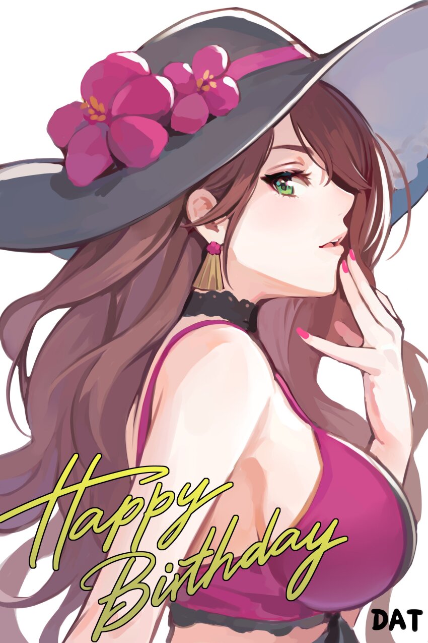 1girl absurdres artist_name bare_shoulders bikini black_choker black_hat breasts brown_hair choker da-cart dorothea_arnault dorothea_arnault_(summer) earrings fire_emblem fire_emblem:_three_houses fire_emblem_heroes flower from_side green_eyes hand_up hat hat_flower highres jewelry large_breasts long_hair nail_polish nintendo pink_nails profile purple_bikini purple_flower sideboob signature simple_background solo swimsuit upper_body white_background