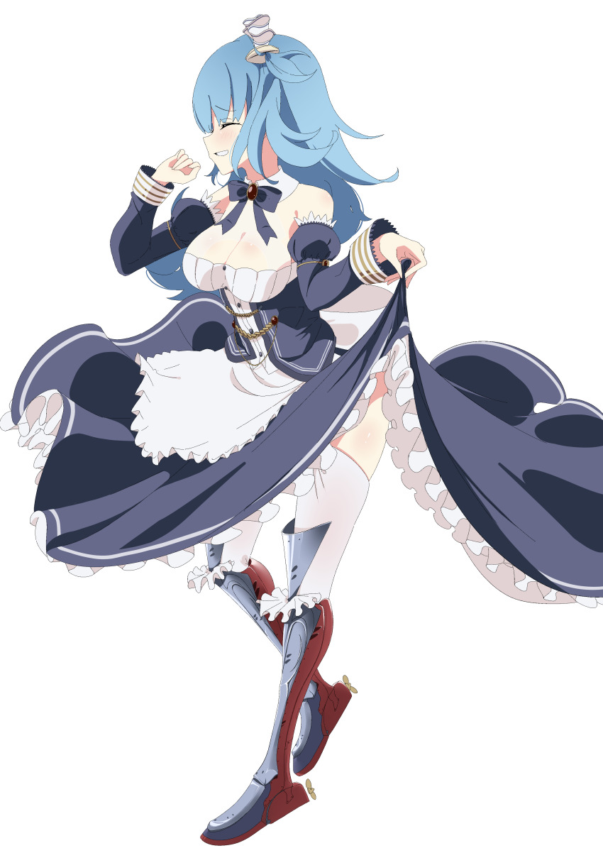 1girl absurdres apron armored_boots azur_lane bare_shoulders blue_dress blue_hair boots breasts cleavage commentary_request commission dress gem highres juliet_sleeves large_breasts long_hair long_sleeves neptune_(azur_lane) pixiv_commission puffy_sleeves red_gemstone simple_background solo thighhighs urasuka white_apron white_background white_thighhighs