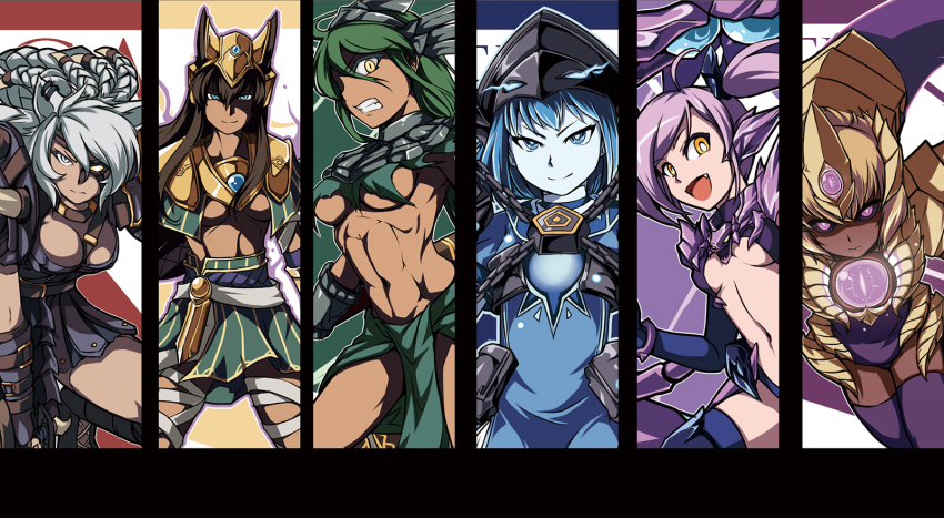 6+girls blue_eyes blue_hair brown_hair dark_skin dark-skinned_female gender_request genderswap green_hair highres league_of_legends long_hair midriff multiple_girls nam_(valckiry) nasus navel personification renekton rengar short_hair skarner vel&#039;koz xerath yellow_eyes