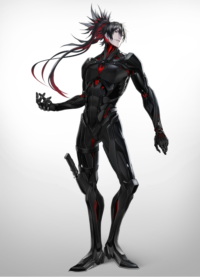1boy black_eyes black_hair cyborg glowing gradient_background hair_between_eyes highres holster holstered knife long_hair male_focus mecha_danshi muscular original ponytail reckless_dog science_fiction smile solo standing teeth weapon