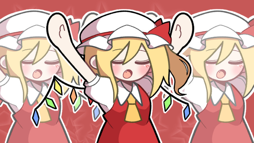 1girl arms_up ascot baek_ban blonde_hair blush breasts closed_eyes collared_shirt fang flandre_scarlet hat medium_hair mob_cap open_mouth outline puffy_short_sleeves puffy_sleeves red_background red_vest shirt short_sleeves side_ponytail small_breasts touhou upper_body vest white_hat white_outline white_shirt yellow_ascot