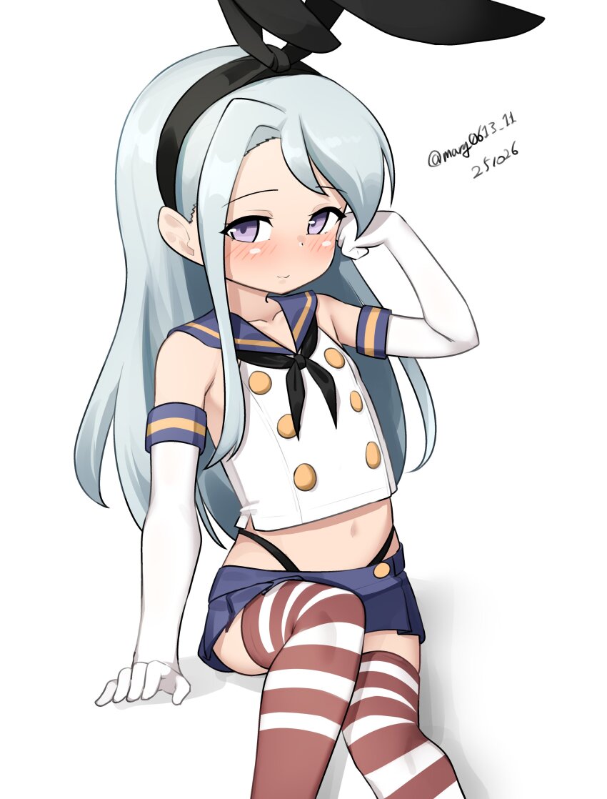 1girl absurdres black_hairband black_neckerchief black_panties blue_sailor_collar blue_skirt cosplay crop_top dated elbow_gloves gloves grey_eyes grey_hair hairband highleg highleg_panties highres kantai_collection maru_(marg0613) microskirt miniskirt neckerchief one-hour_drawing_challenge panties pleated_skirt sagiri_(kancolle) sailor_collar shimakaze_(kancolle) shimakaze_(kancolle)_(cosplay) shirt simple_background sitting skirt sleeveless sleeveless_shirt smile solo striped_clothes striped_thighhighs thighhighs twitter_username underwear white_background white_gloves