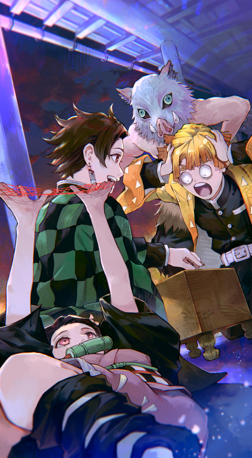 1girl 3boys absurdres agatsuma_zenitsu architecture bamboo belt belt_buckle black_hair black_pants black_shirt blonde_hair boar_mask board_game buckle bulging_eyes checkered_haori checkered_sash earrings east_asian_architecture hanafuda_earrings hands_on_own_head haori hashibira_inosuke highres japanese_clothes jewelry kamado_nezuko kamado_tanjirou kimetsu_no_yaiba kimono kyuuba_melo long_hair multicolored_hair multiple_boys obi obijime open_mouth orange_hair pants pink_eyes purple_kimono red_eyes sash shirt shogi topless_male two-tone_hair white_belt yellow_haori