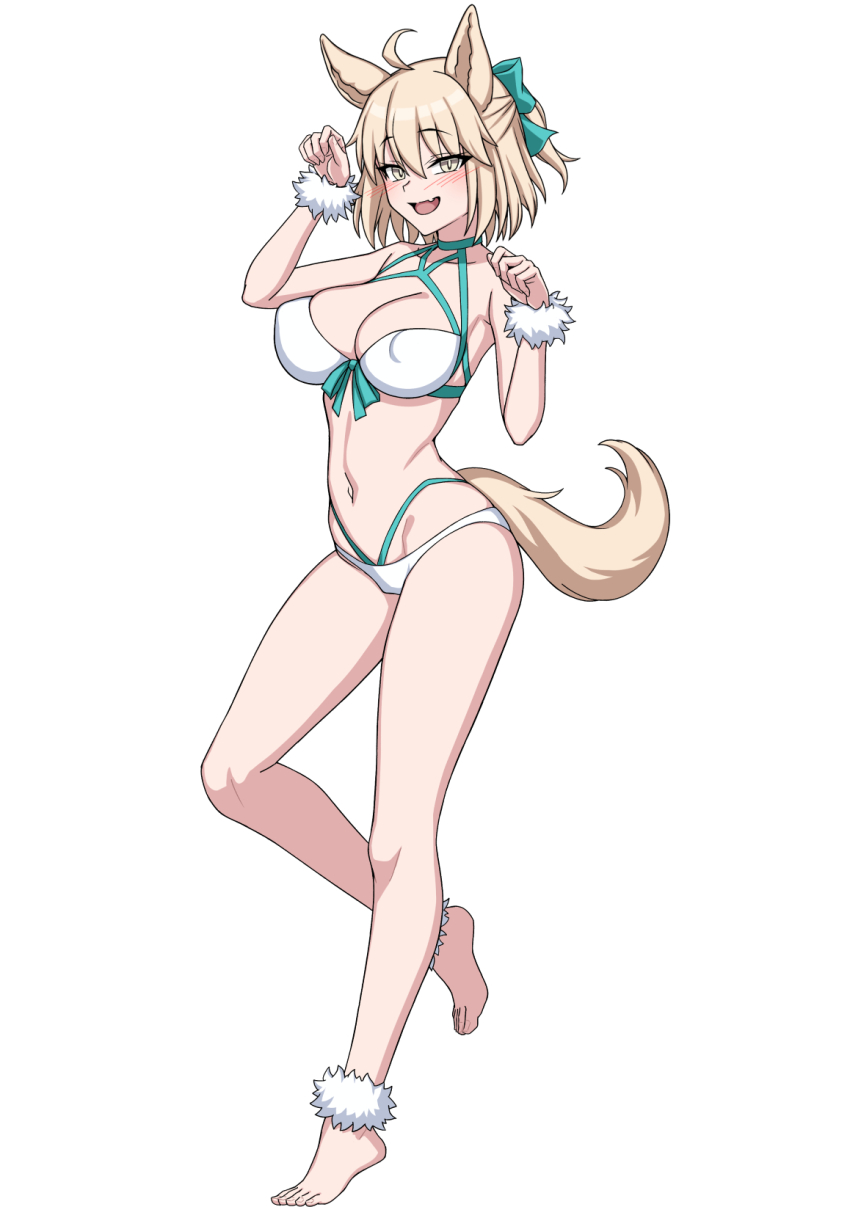 1girl ahoge blonde_hair breasts fate/grand_order fate_(series) full_body highres large_breasts looking_at_viewer muta_poo okita_j._souji_(fate) okita_j._souji_(third_ascension)_(fate) okita_souji_(fate) open_mouth short_hair smile solo yellow_eyes