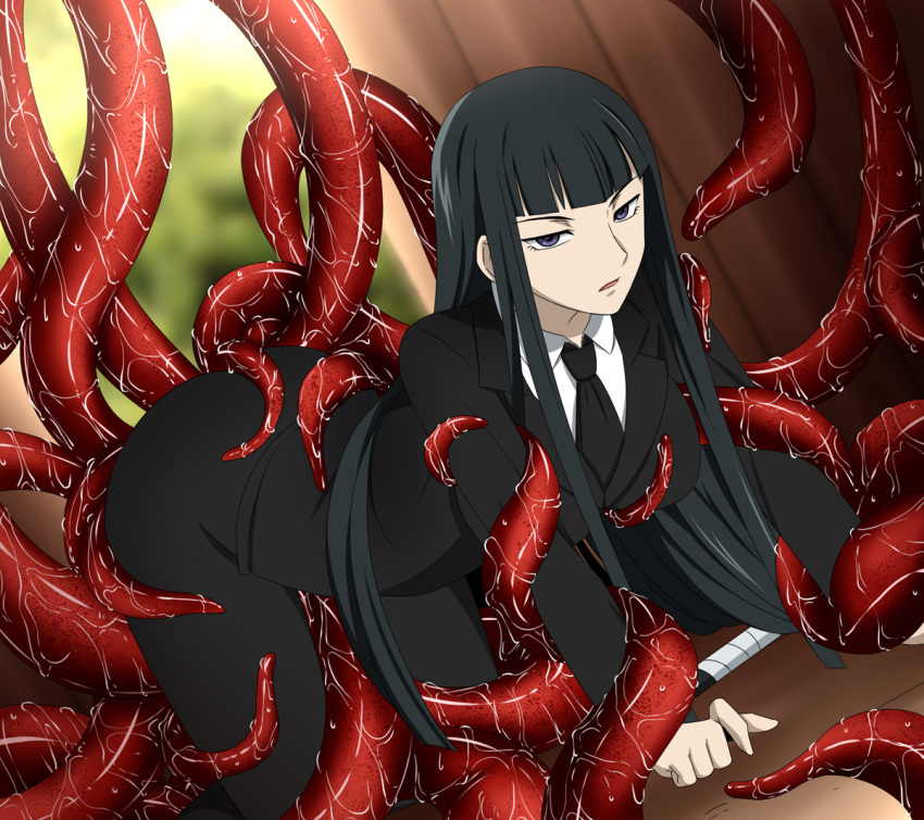 1girl all_fours black_hair darker_than_black formal_clothes hazuki_mina_(darker_than_black) long_hair necktie purple_eyes spec_(artist) suit tentacles