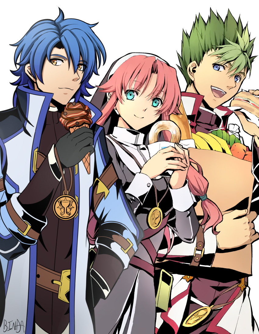 1girl 2boys bag banana binda_(crossgenesis) black_gloves blue_eyes burger commentary eiyuu_densetsu english_commentary food fruit gloves green_hair hand_on_own_hip high_collar highres holding holding_bag holding_food holding_ice_cream_cone ice_cream_cone kevin_graham long_hair long_sidelocks looking_at_viewer low-tied_sidelocks medallion multiple_boys nun official_style original pink_hair ries_argent shopping_bag sidelocks signature simple_background smile sora_no_kiseki spiked_hair traditional_nun white_background yellow_eyes