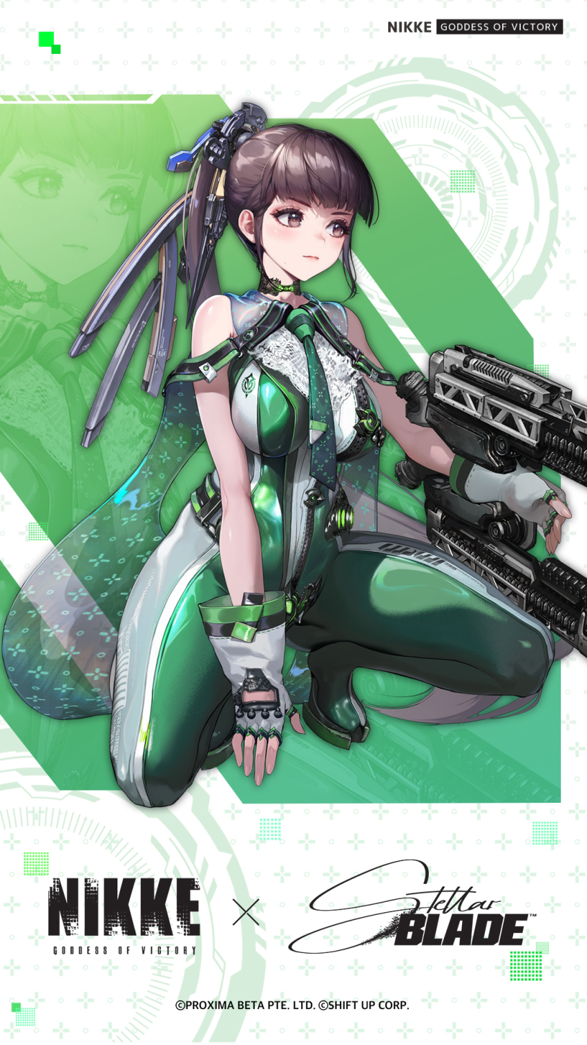 1girl blunt_bangs bodysuit breasts brown_eyes brown_hair commentary crossover english_commentary eve_(stellar_blade) fingerless_gloves full_body gloves goddess_of_victory:_nikke green_bodysuit gun highres holding holding_gun holding_weapon large_breasts long_hair official_art ponytail sidelocks solo squatting stellar_blade weapon white_gloves