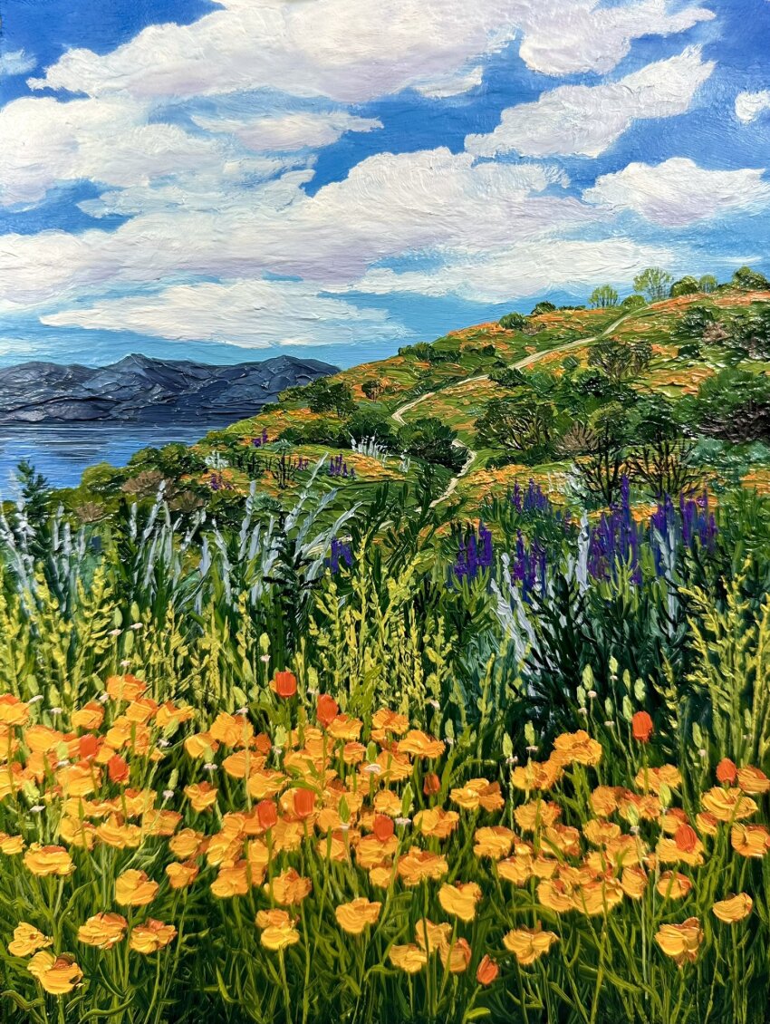 blue_flower blue_sky california cloud cloudy_sky commentary day english_commentary field flower highres kate_avery lake nature no_humans oil_painting_(medium) orange_flower original outdoors painting_(medium) poppy_(flower) purple_flower real_world_location scenery sky traditional_media water yellow_flower