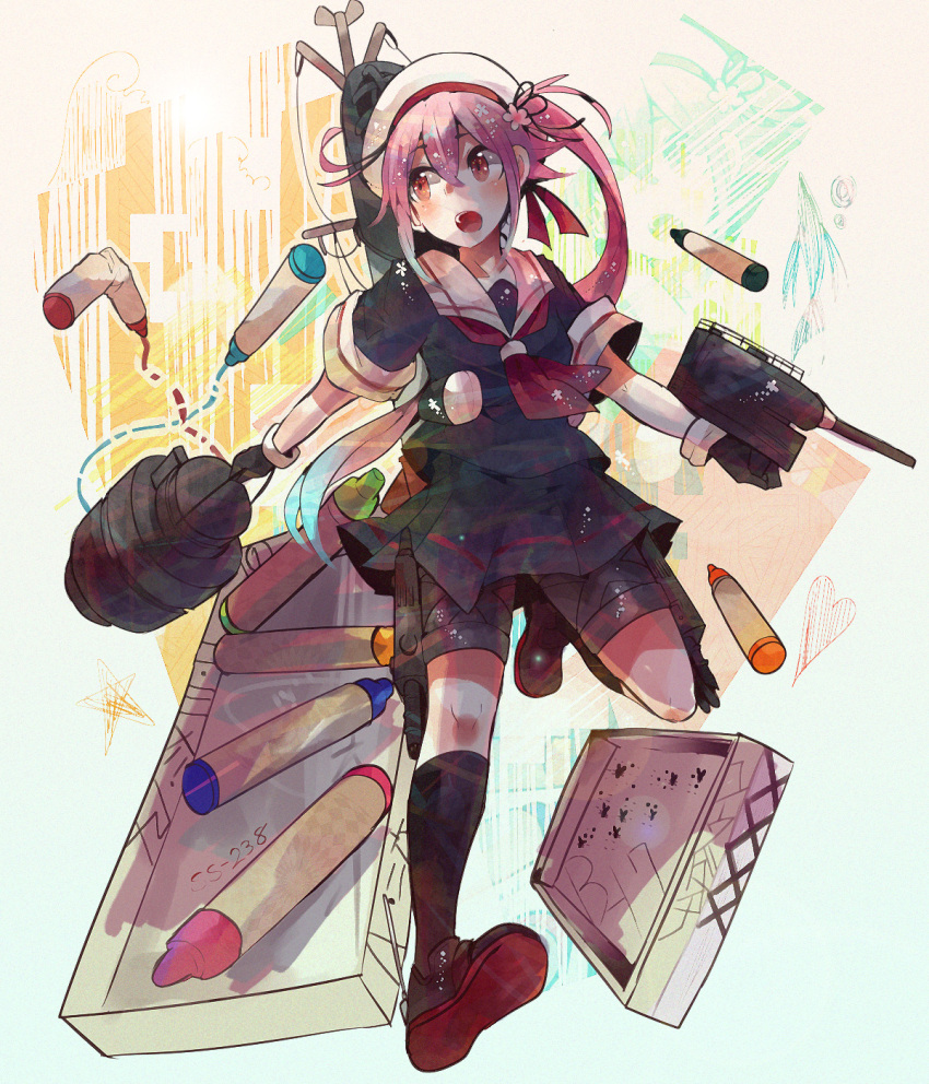 1girl beret black_gloves blouse blue_hair bucket cannon crayon gloves gradient_hair hair_ornament harusame_(kancolle) hat highres itomugi-kun kantai_collection long_hair multicolored_hair neckerchief open_mouth pink_eyes pink_hair pleated_skirt red_eyes sailor_collar school_uniform serafuku ship_turret shirt short_sleeves side_ponytail skirt solo torpedo