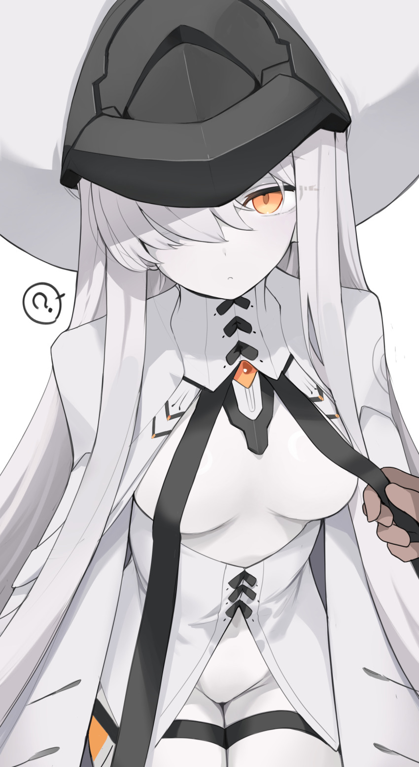 1boy 1girl ? blue_archive breasts hair_over_one_eye hat hetero highres long_hair looking_at_viewer malkuth_(blue_archive) medium_breasts mikozin orange_eyes pale_skin pov solo_focus spoken_question_mark thigh_strap white_hair white_hat