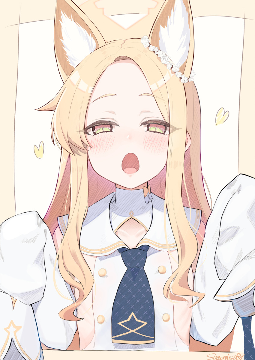 1girl animal_ear_fluff animal_ears ascot blonde_hair blue_archive blue_ascot commentary_request detached_sleeves halo heart highres long_hair looking_at_viewer open_mouth sazamiso_rx seia_(blue_archive) sleeves_past_fingers sleeves_past_wrists solo upper_body white_sleeves yellow_eyes yellow_halo