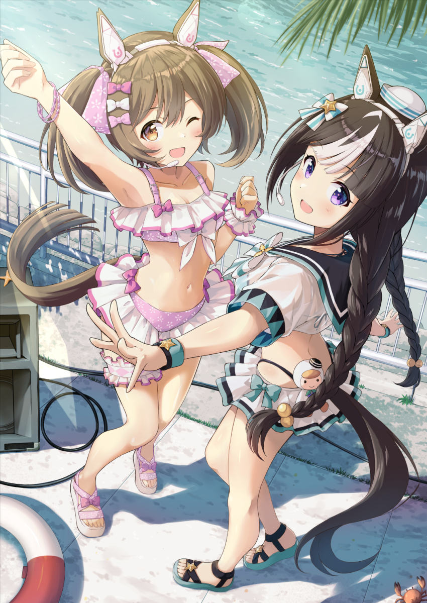 2girls alternate_costume animal_ears bikini bikini_skirt braid brown_hair cropped_shirt ear_covers frilled_bikini frilled_thigh_strap frills full_body hair_ornament hair_ribbon highleg highleg_bikini highres hokko_tarumae_(umamusume) horse_ears horse_girl horse_tail innertube legs legwear_garter long_braid looking_at_viewer multicolored_hair multiple_girls murasaki_himuro navel ocean one_eye_closed outdoors purple_eyes ribbon sandals smart_falcon_(umamusume) swim_ring swimsuit tail thigh_strap toes tomachop twin_braids twintails two-tone_hair umamusume white_hair white_headwear yellow_eyes