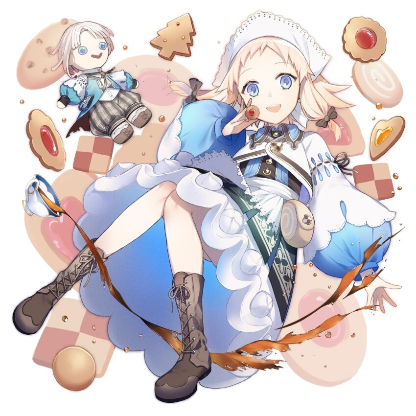 1girl blonde_hair blue_eyes cookie cup food gretel_(grimms_echoes) grimms_echoes guest_art hansel_(grimms_echoes) highres holding holding_cookie holding_food open_mouth pants puffy_sleeves smile sogawa striped_clothes striped_pants stuffed_toy tea teacup white_background