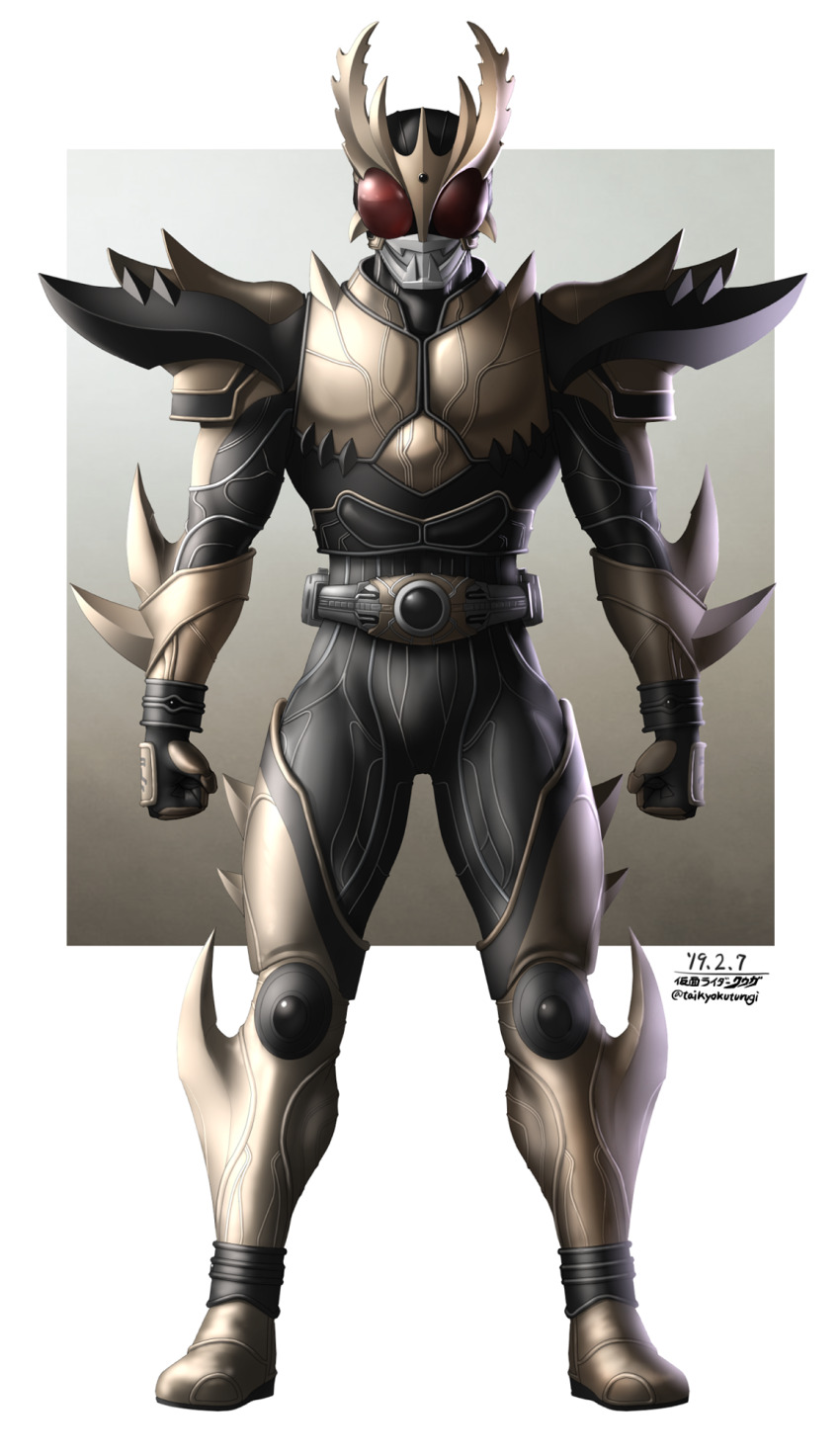 1boy arcle_(kuuga) armor belt bodysuit boots breastplate compound_eyes gloves gold_armor gold_horns helmet highres horns kamen_rider kamen_rider_dcd kamen_rider_kuuga kamen_rider_kuuga_(rising_ultimate_form) kamen_rider_kuuga_(series) looking_at_viewer mask pauldrons red_eyes rider_belt shoulder_armor solo spikes taikyoku_tsurugi