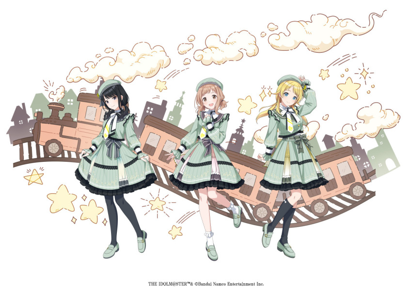 3girls ankle_socks beret black_hair black_pantyhose black_socks blonde_hair blue_eyes blush bow brown_eyes cloud company_name copyright_name dress frilled_dress frills green_dress green_footwear hachimiya_meguru hat idolmaster idolmaster_shiny_colors idolmaster_shiny_colors_song_for_prism illumination_stars_(idolmaster) kazano_hiori kneehighs lace leg_up light_brown_hair loafers long_hair long_sleeves looking_at_viewer low_twintails medium_hair mole mole_under_mouth multiple_girls official_alternate_costume official_alternate_hairstyle official_art open_mouth pantyhose purple_eyes sakuragi_mano shoes short_twintails sidelocks simple_background skirt_hold sleeves_past_wrists smile socks star_(symbol) swept_bangs train twintails white_background white_socks