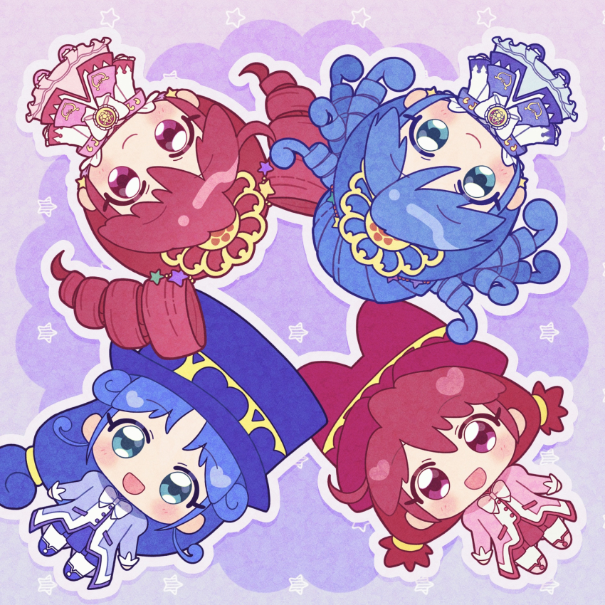 2girls :d ahoge aqua_eyes blue_boots blue_coat blue_dress blue_hair blue_hat blue_shoes blue_skirt blush boots bow bowtie buttons chest_bow chibi chibi_only closed_mouth coat commentary crest curly_hair dress dress_bow drill_hair dual_persona earrings fine_(futagohime) fine_(prominence_dress_up)_(futagohime) frilled_dress frilled_sleeves frills full_body fushigiboshi_no_futago_hime gold_tiara gown gradient_background hair_between_eyes hair_intakes hair_ornament hat heart heart_print high_collar highres jewelry long_hair long_sleeves looking_at_viewer low-tied_long_hair low_twintails magical_girl mary_janes matching_outfits medallion multiple_girls no_nose open_mouth outline overcoat overskirt pantyhose pink_background pink_boots pink_coat pink_dress pink_shoes pleated_skirt pom_pom_(clothes) pom_pom_footwear puffy_long_sleeves puffy_sleeves purple_background red_coat red_eyes red_hair red_hat red_skirt rein_(futagohime) rein_(prominence_dress_up)_(futagohime) ringlets shoes siblings sisters skirt smile star_(symbol) star_earrings star_hair_ornament star_symbol_background sun_print supportasse tiara top_hat twin_drills twins twintails two-tone_background two-tone_dress umiyuki_(umi_chu) white_bow white_bowtie white_dress white_outline white_pantyhose white_sleeves wide_sleeves