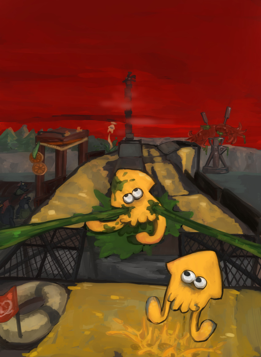 absurdres animal_focus attack black_eyes chum_(splatoon) cohock_(splatoon) ebifurai_kakigwa flag food food_art fruit giving_up_the_ghost grate halo highres in-universe_location inkling inkling_(swim_form) jumping laser lifebuoy looking_at_another looking_up nintendo no_humans orange_(fruit) orange_slice outdoors red_sky rolling_eyes salmon_run_(splatoon) sky splatoon_(series) squid stinger_(splatoon) swim_ring tako-san_wiener