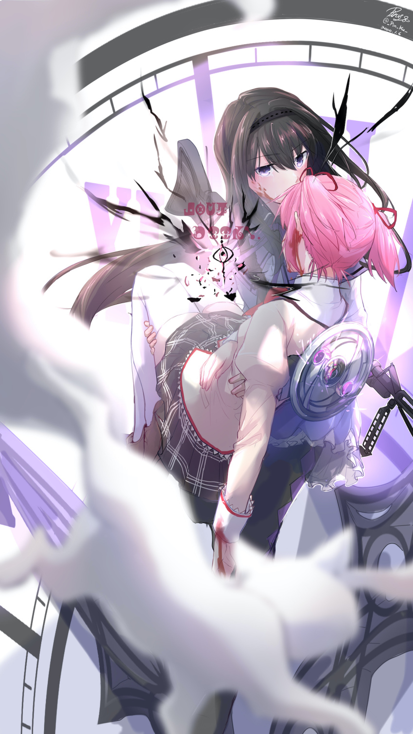 2girls akemi_homura akemi_homura_(magical_girl) black_hair blood carrying clock grief_seed hair_intakes hair_ribbon hairband highres kaname_madoka kyubey loafers long_hair mahou_shoujo_madoka_magica mahou_shoujo_madoka_magica_(anime) mitakihara_school_uniform multiple_girls pin.s pink_hair princess_carry purple_eyes ribbon school_uniform shoes skirt tears thighhighs twintails white_thighhighs