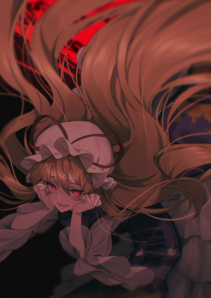 1girl antinomy_of_common_flowers blonde_hair blush bow breasts dress frilled_dress frilled_sleeves frills hands_on_own_face hat highres long_hair long_sleeves looking_at_viewer mob_cap open_mouth purple_dress red_eyes ribbon smile solo touhou wanko_sora wide_sleeves yakumo_yukari