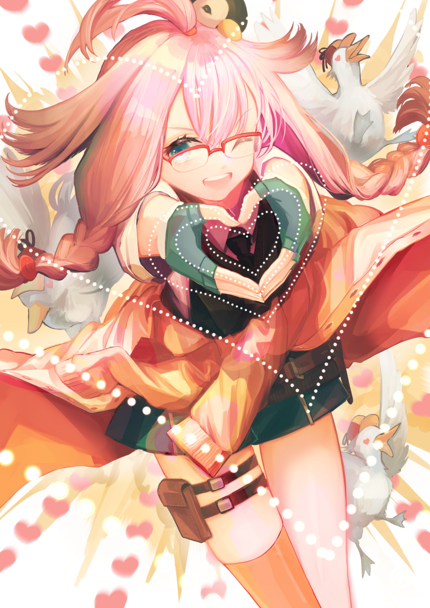 1girl animal arknights belt bird blue_eyes blush braid deerstalker explosion fingerless_gloves glasses gloves goose green_gloves hair_tie hat heart heart-shaped_eyes heart_hands hemorina highres jacket long_hair looking_at_viewer may_(arknights) necktie one_eye_closed open_mouth penguin_hat pink_hair pouch red-framed_eyewear semi-rimless_eyewear solo teeth thigh_pouch tied_jacket twin_braids upper_teeth_only