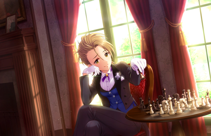1girl artist_request bishop_(chess) black_jacket black_pants board_game brown_hair chair chess chess_piece closed_mouth collared_shirt crossed_legs curtains eyelashes fireplace formal_clothes glint gloves green_eyes hand_on_own_face holding holding_chess_piece idolmaster idolmaster_cinderella_girls idolmaster_cinderella_girls_starlight_stage indoors jacket kimura_natsuki king_(chess) knight_(chess) long_sleeves looking_at_viewer official_art open_clothes open_jacket pants pawn_(chess) picture_frame queen_(chess) rook_(chess) shirt short_hair sitting smile solo suit table third-party_source white_gloves window